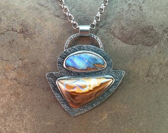 25% Off Boulder Koroit Opal Cabochons Sterling Silver Metalwork Necklace Pendant