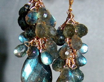 14k Leverback GF Labradorite Gemstone Briolette Cluster Earrings