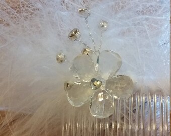 English netting birdcage veil with flower embellishment; blusher veil
