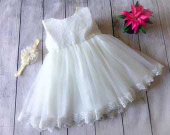 Lace Dress, Tulle Dress, Ivory Dress, White Dress, Flower Girl Dress, Birthday Dress, Party Dress, Wedding Dress, Baptism Dress