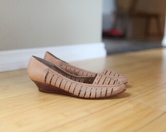vintage woven tan leather wedge heels womens 8