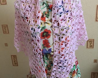 A Handmade Crochet Pink Lacy Shawl using Baby Merino Yarn