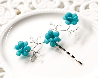 Turquoise hair clips Blue bobby pin Flower hair pin Wedding hair flower pin Bridal floral bobby pin Silver bridal pins Crystals hair pin 82