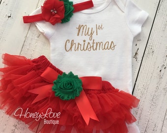 1st Christmas Set GOLD or SILVER glitter bodysuit, red green flower headband bow, tutu skirt bloomers infant baby girl First Santa Outfit