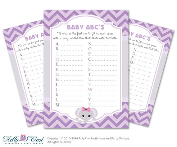 Purple Elephant ABC's Game for Baby Shower Printable