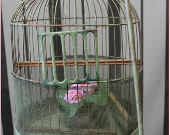 vintage bird cage and stand in fabulous shabby jadeite green ~ French Cottage chic ~ Farmhouse Vintage garden decor