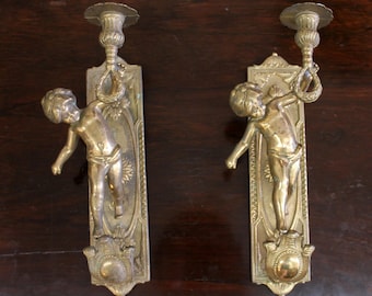 Antique 1920s Brass Sconces with Cherub Figures