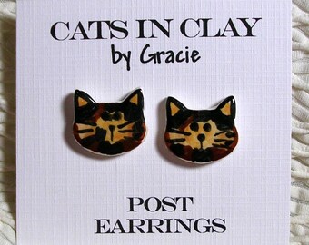 Tortie Cat Post Earrings Stud Earrings Handmade In Kiln Fired Clay by Gracie
