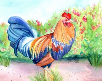 Kauai Island Rooster, Original Watercolor Paintings, Hawaiian Chickens, Kitchen Paintings, Kauai Art, Kitchen Decor, Barnyard Chickens