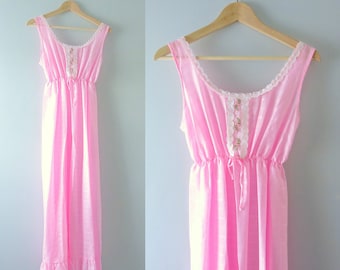 Vintage Pink Nightgown | 1970s Embroidered Summer Nightgown S