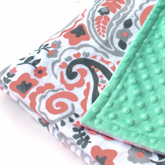 Paisley Girl Lovey, Personalized Baby Blanket Girl, Minky Baby Blanket,Mint Coral Gray Paisley Blanket, Mini Baby Blanket, Security Blanket