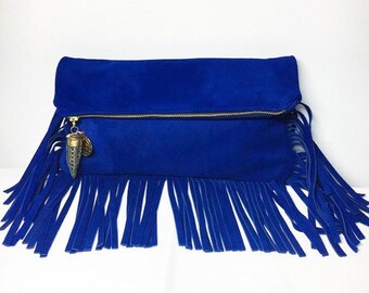 Zani Clutch- Cobalt Blue Suede Fringe Clutch with Tusk & Coin Charms