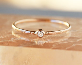 Mini Diamond Ring, 14k Gold Slim Stacking Ring, Hammered Gold Band, Slim Engagement Ring, Ethical Canadian Diamond, Handmade Jewelry