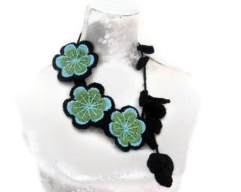 Crochet Jewelry, Necklace black,turqouise and green