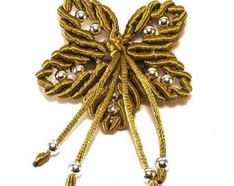 Macrame and khaki satin flower brooch