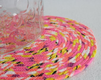 Fabric Coiled Mat / Coiled Rope Placemat / Hot Pad / Trivet / Neon Brights Oval Coiled Mat by PrairieThreads