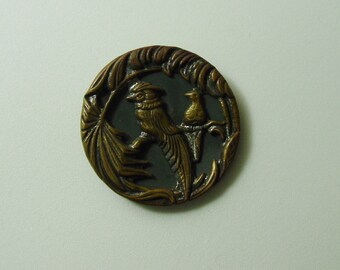 Antique Vintage Metal Picture Button Birds, 2 Parrots in Exotic Tree 1 1/4"