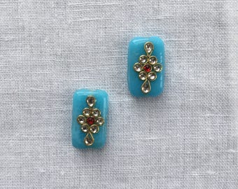 Blue Glass Buttons Beads,Indian Kundan Buttons Rajasthan Traditional Handmade Buttons Beads,Sewing Jewellery Flat Back Beads 2.5X1.5cm,2 pcs