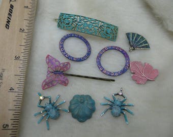 Filigree Findings and More Painted Findings for Jewelry Crafts Embellishments Patina Greens Pink and Purple Butterflies Spiders Leaves