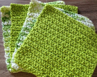 Cotton crochet dishcloth, cotton washcloth, cotton dishrag, set of 4, in lime green and shades of green