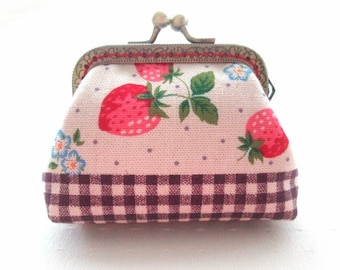 Strawberry frame coin pouch, cotton linen fabric, bronze kiss lock clasp purse metal frame purse