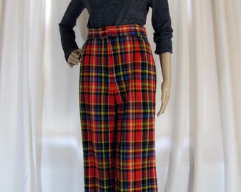 1970's High Waisted Red Plaid Wide Leg Pants, Small, Plaid, High Waisted, Wide Leg, Wool Blend, Red, Blue, Yellow, Black, 1970's, 70's