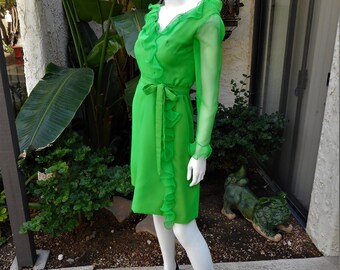 Vintage 1960's Lee Jordan Green Chiffon Dress with Ruffles - Size 2