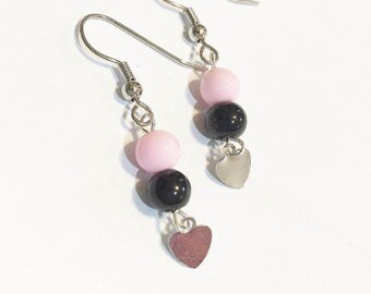 Black & Pink Drop Earrings with Silver Heart -Drop Earrings-Long Earrings- Bohemian Hobo Style Earrings