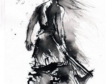 Figure sketch on canvas - 8x12 20x30cm - abstract warrior with an axe