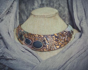 Statement necklace Bib necklace rustic gold and blue necklace polymer clay necklace sea stones necklace asymmetric necklace choker necklace