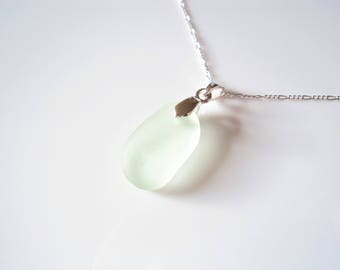 Seaham Sea Glass Pale Seafoam Green drop Pendant suspended from a sterling silver bail - E1758 - from Seaham, UK