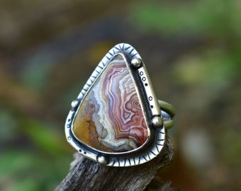Size 7 Crazy Lace Agate Ring, Sterling Silver Setting with Handmade Details
