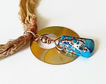 Gemstone necklace, sari silk necklace, copper necklace, ocean Jasper Necklace, boho necklace, patina necklace, rustic necklace, boho style