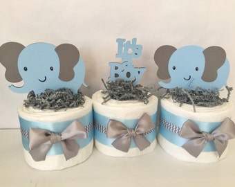 Set of 3 Elephant Mini Diaper Cakes in Blue and Gray, Elephant Baby Shower Decorations