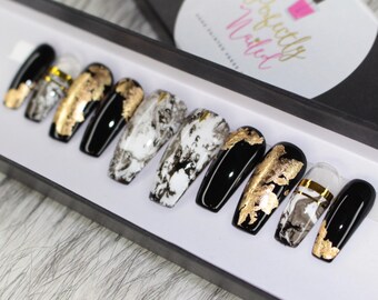 Black and gold marble with negative space • Handpainted False Nails • Fake Nails • Press on Nails • Stick on Nails
