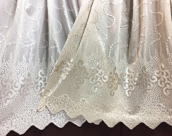 Sheer Fabric - Polyester Patterned Semi Sheer Panel - White or Champagne - Decorative Shaped Hem - Singed Flower Fabric - P16 - 1 Panel