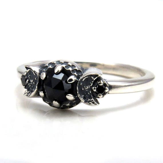 New Moon Crescent Moon Phase Ring - Black Diamonds and Black Spinel - Gothic Engagement Ring