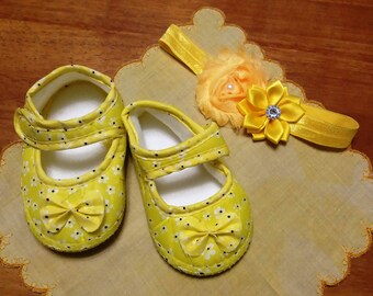 Vintage beautiful baby yellow set of shoes and headband hair band Easter holiday baby shower gifts for baby yellow fabric shoes satin bands