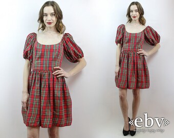 Victor Costa Dress Red Plaid Dress Puff Sleeve Dress Designer Dress 1980s Dress 80s Party Dress Vintage Victor Costa Red Plaid Party Dress