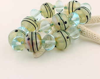 Lampwork Glass Bead Set, SRA, Iridescent Green, Blue
