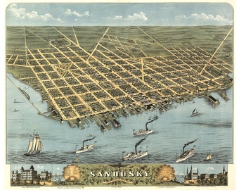 Map of Sandusky, Ohio by Ruger; 1870; Antique Birdseye Map