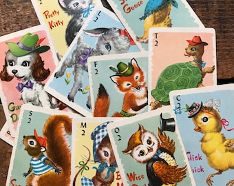 Mini Animal Rummy Cards - Set of 11 - Cute Baby Animals, Vintage Animal Cards, Children's Playing Cards, Whitman Cards, Animal Playing Cards