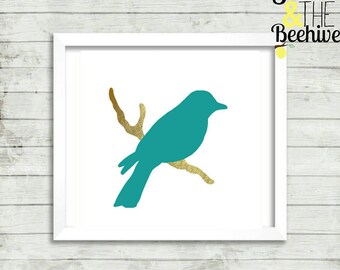 Gold foil branch, teal bird, print