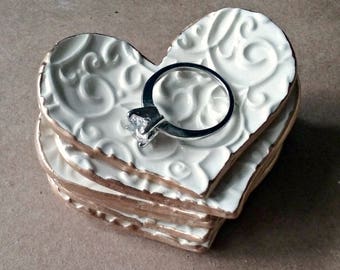 5 ceramic heart ring dishes Off White Bridesmaid gifts baptism favors wedding favors baby shower favors curly q itty bitty edged in gold
