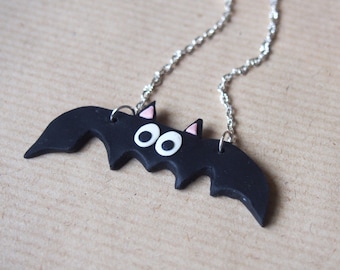 Bat Necklace Halloween Necklace ( bat jewelry halloween jewelry miniature bat kawaii jewelry polymer clay silver necklace bat pendant )