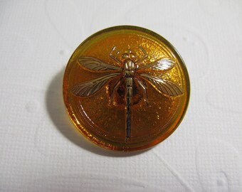31mm Czech Glass Dragonfly Button, Gold Body, Amber background - 088