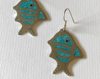 Vintage Alpaca Silver Turquoise Fish Dangle Earrings