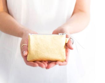Gold Leather Change Purse, Tiny Coin Purse, Leather Coin Purse, Small Coin Pouch, Small Keyring Pouch, Key Chain Pouch, Credit Card Wallet