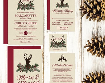 Winter Wedding Invitation Template, Rustic Christmas Deer Printable Invite Suite, Editable Text Instant Download DIY Holiday Invites Set PDF