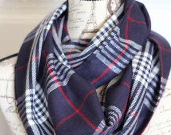Navy and Red/White Plaid Infinity Scarf